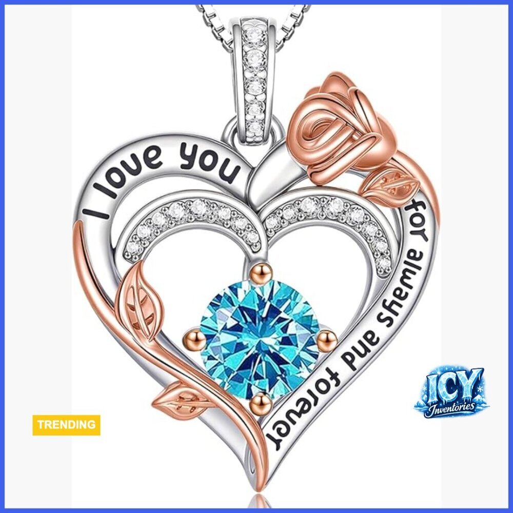 S925 Sterling Silver Rose Heart Birthstone Pendant Necklace for Women